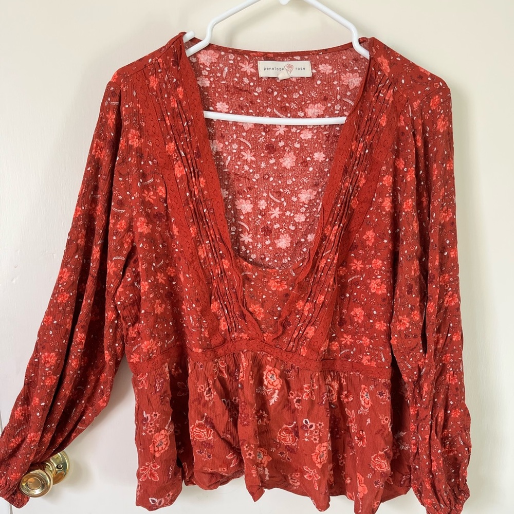 Penelope rose, rust, colored floral, print xl shirt, women’s